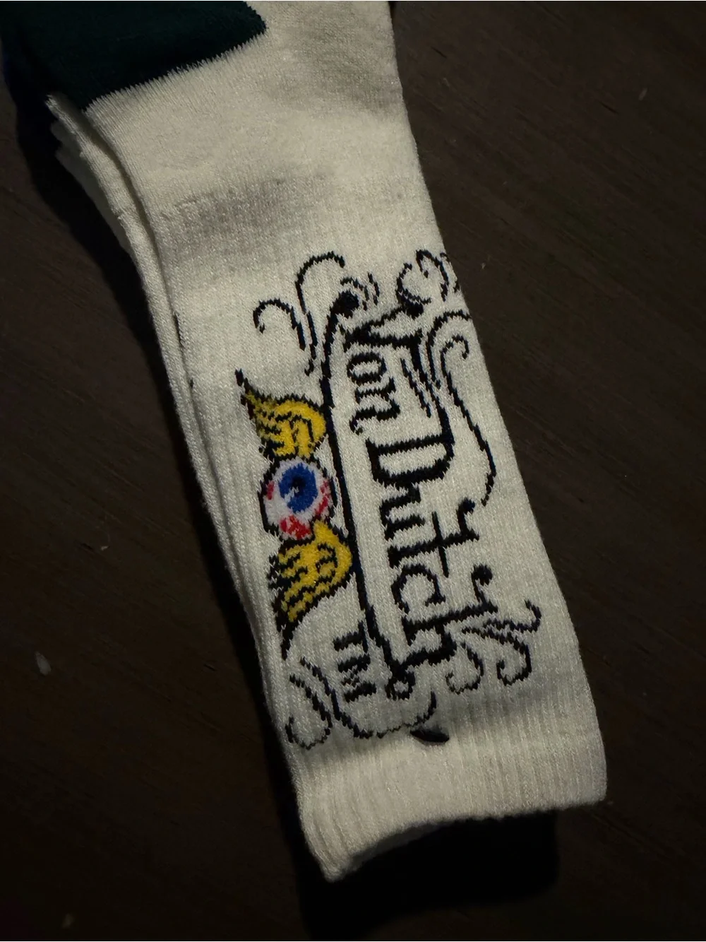 Von Dutch White Crew Socks with Dark Green Accents